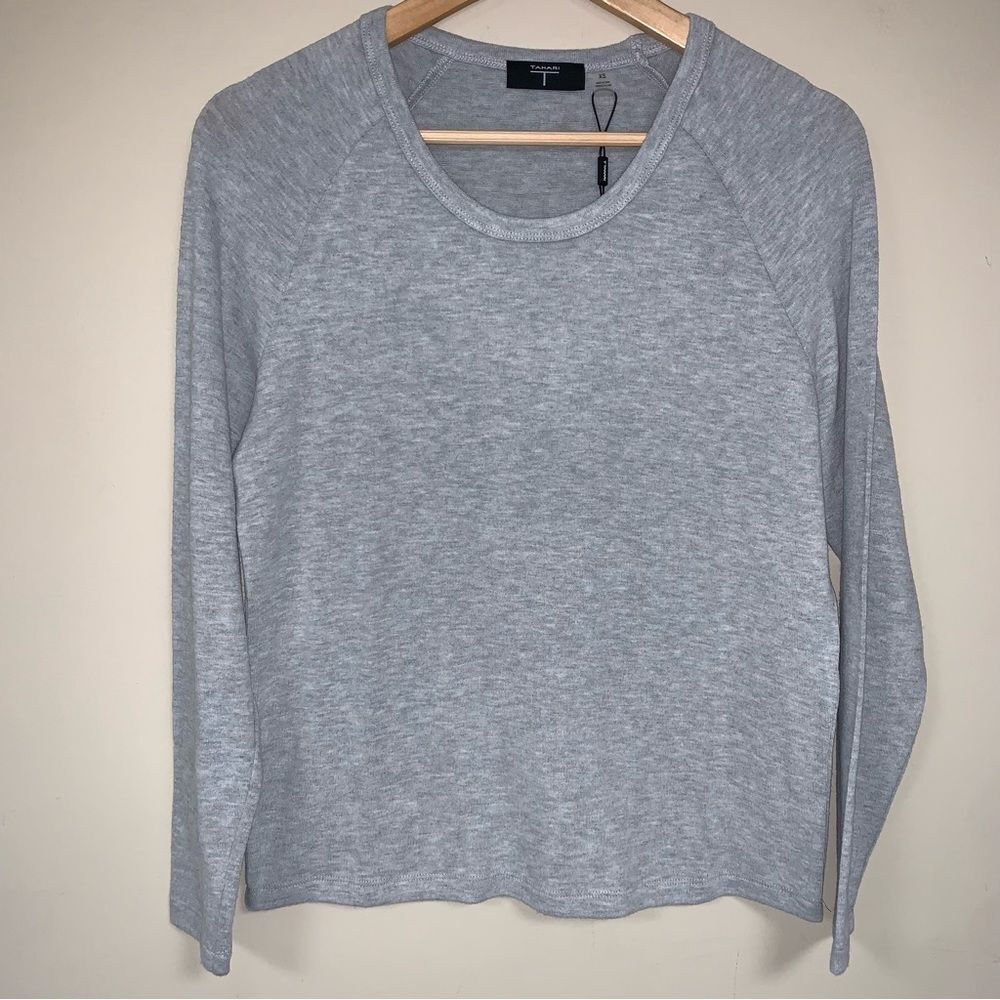 NWT TAHARI Grey Top Women’s XS French Terry Long Sleeve Crewneck Blouse Minimal